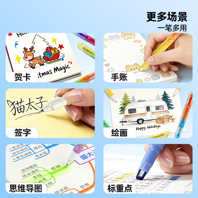 猫太子叠色柔绘笔美术专用勾线笔超细头荧光笔双头不晕染描线笔炫彩笔极细小学生用一年级柔绘笔初中生高中生