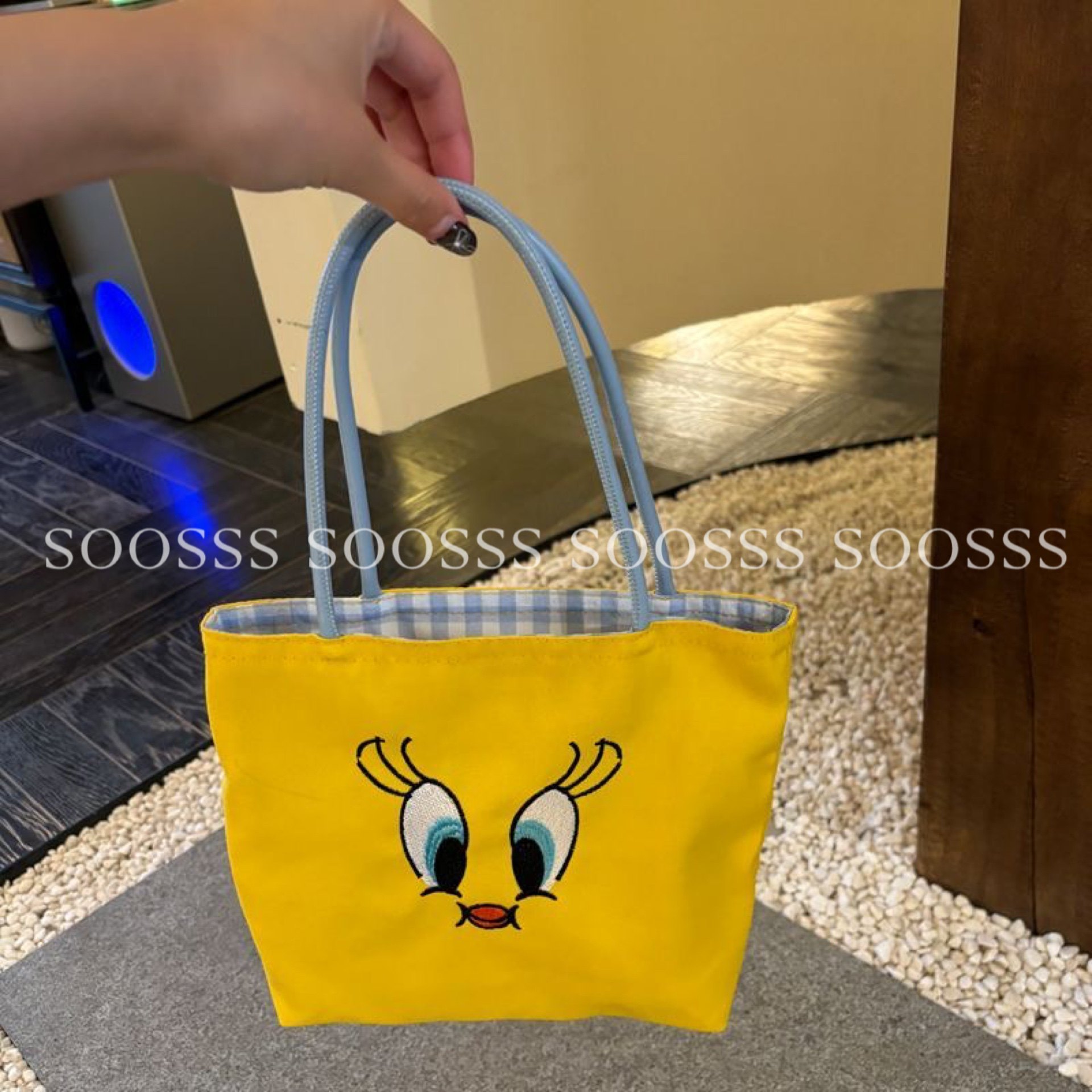 Soosss可爱黄色翠儿崔弟海盐格子包夏天百搭手提单肩包刺绣小鸟,淘宝优惠券,粉丝福利购,淘宝优惠卷