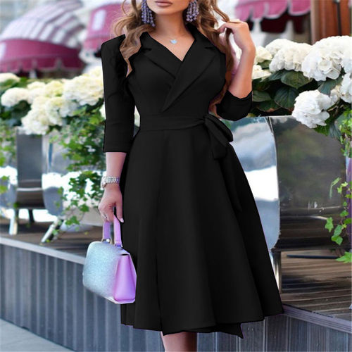 通勤OL风西装领蓝色印花绑带收腰七分袖中长版洋装DRESS - 图2