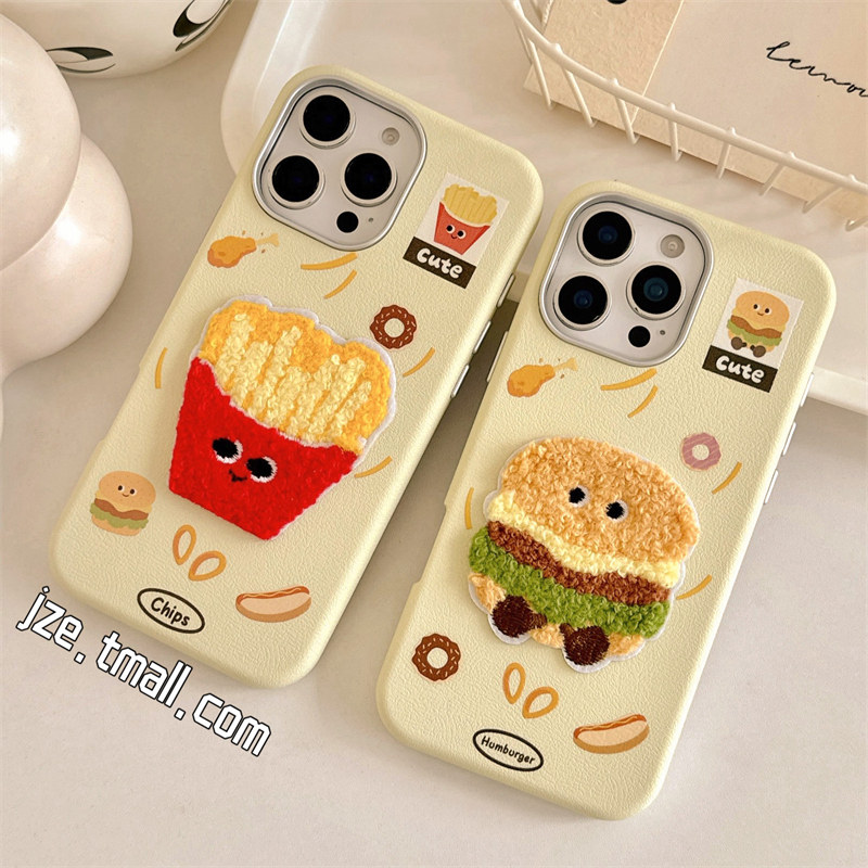 jze 趣味可爱薯条汉堡毛巾绣适用苹果16ProMax手机壳iphone13新款15pro女款15秋冬16pro仿皮14全包防摔保护套,淘宝优惠券,粉丝福利购,淘宝优惠卷
