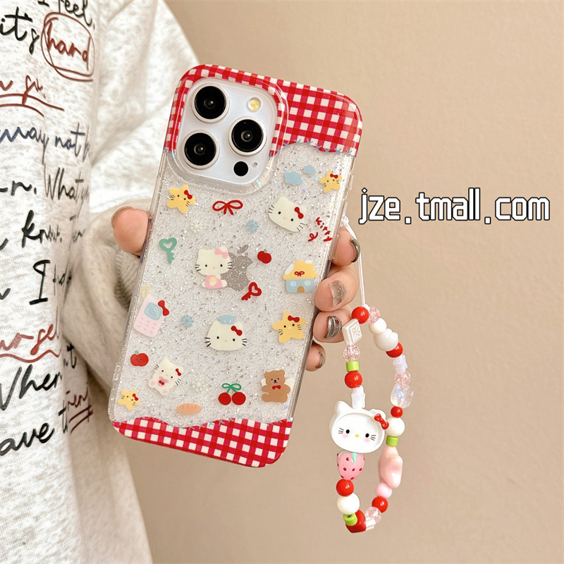 可爱格纹HelloKitty带链条适用苹果15手机壳闪粉iPhone16ProMax新款15pro防摔13少女小众12硅胶14pro全包软壳