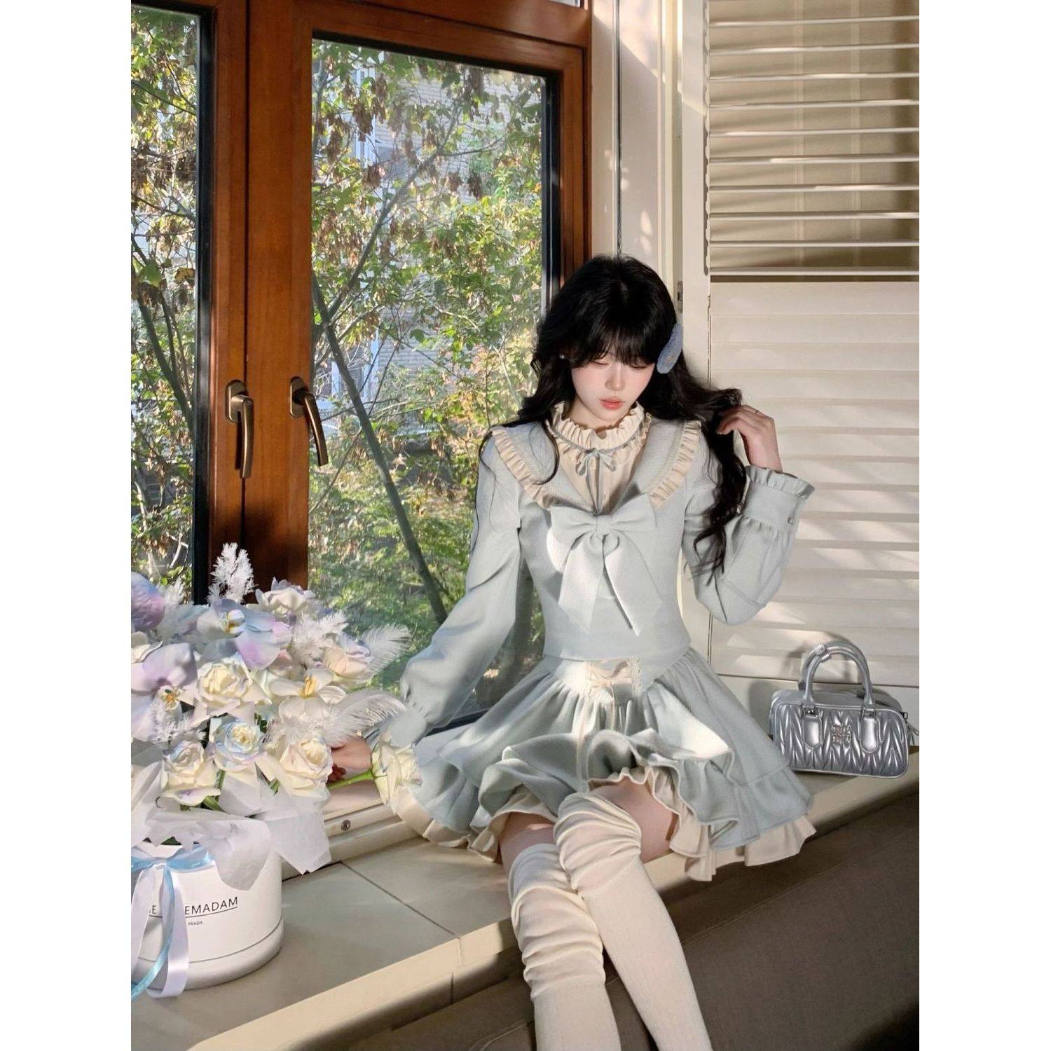 甜美奶蓝色加厚少女毛呢套装木耳花边收腰上衣＋蛋糕半裙,淘宝优惠券,粉丝福利购,淘宝优惠卷