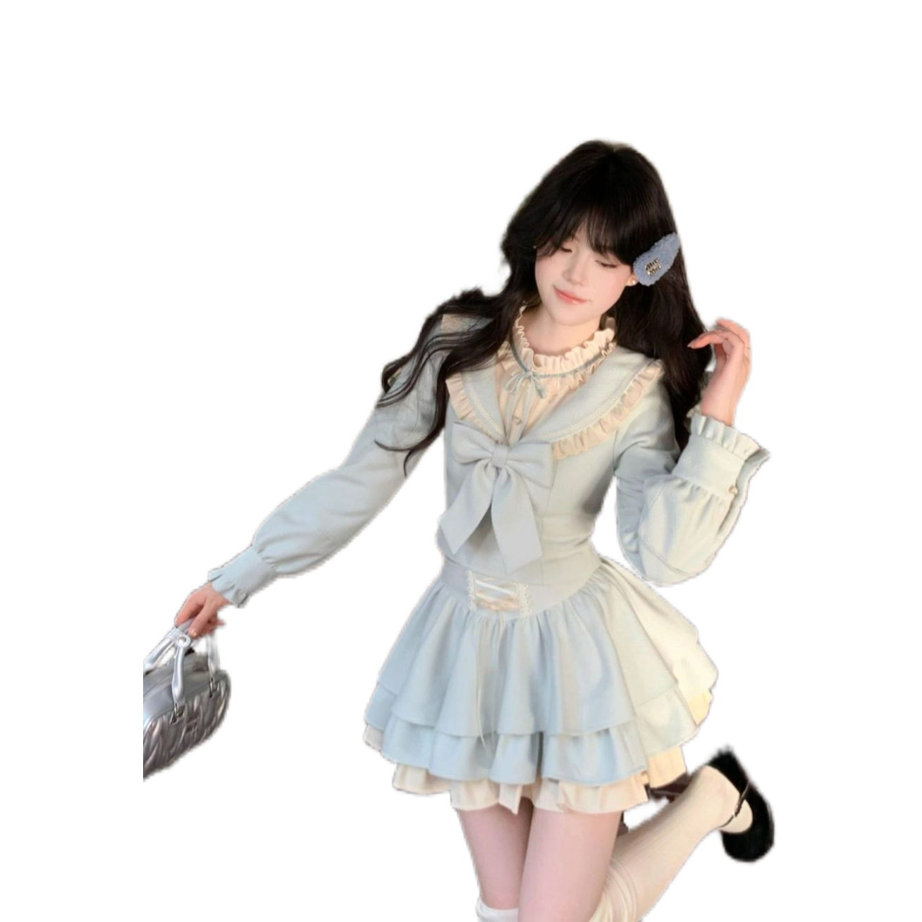 甜美奶蓝色加厚少女毛呢套装木耳花边收腰上衣＋蛋糕半裙,淘宝优惠券,粉丝福利购,淘宝优惠卷