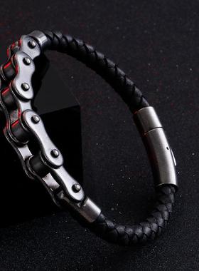欧美外贸货 街头潮车流时源尚牛皮环个手性单黑色KB11手链