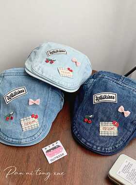 原创甜美复古牛仔做旧前进帽女孩春夏薄款蝴蝶结贝雷帽清新遮阳帽