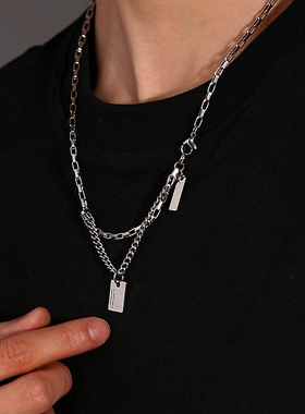 AKAK简约街头叠戴方牌钛钢项链