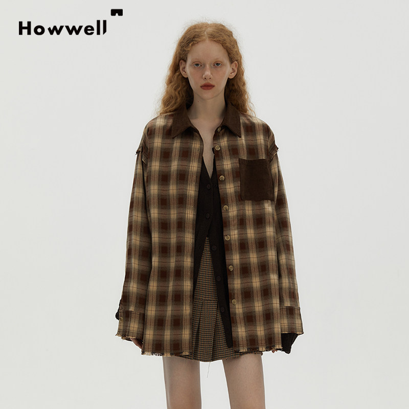 Howwell 复古棕色格子水洗毛边做旧格纹衬衫慵懒休闲宽松长袖衬衣,淘宝优惠券,粉丝福利购,淘宝优惠卷