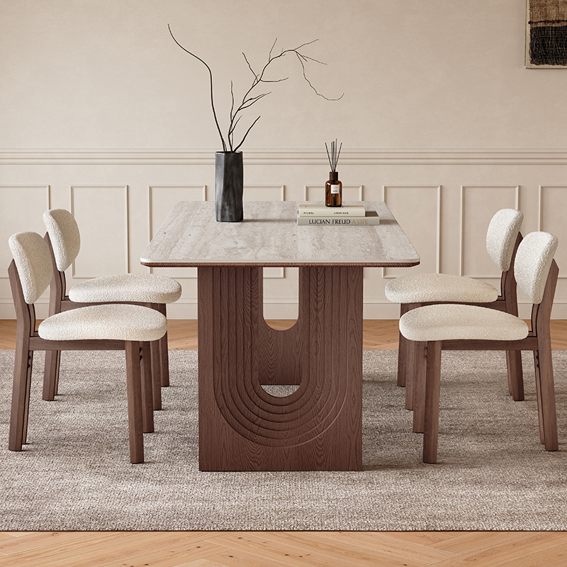 岩板实木餐桌现代简约长方形胡桃木色小户型家用侘寂风岩板餐桌 - 图0