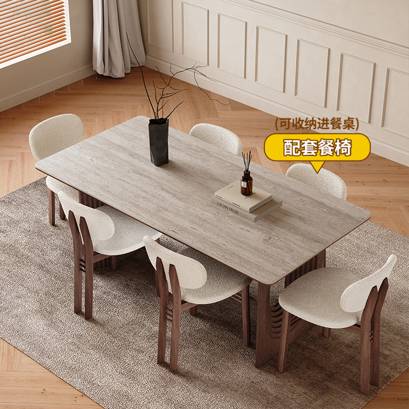 岩板实木餐桌现代简约长方形胡桃木色小户型家用侘寂风岩板餐桌 - 图2