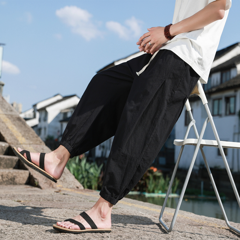 日系工装裤男夏季宽松垂感九分裤男士亚麻裤子大码运动束脚灯笼裤-图0