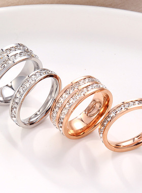 跨境爆款韩版镀18K玫瑰金钛钢单双排戒指女生简约满天星食指戒指