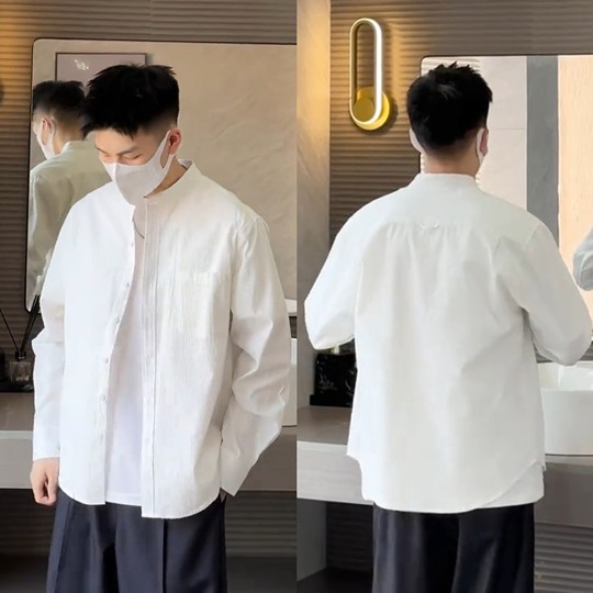 2025 spring and summer simple Henry neck casual shirt men's fashionable old money style loose and versatile texture long-sleeved top