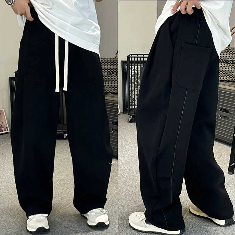 春秋安可拉红潮流明线弯刀裤男士高档宽松垂感哈伦直筒休闲阔腿裤 - 图0