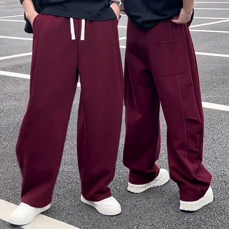 春秋安可拉红潮流明线弯刀裤男士高档宽松垂感哈伦直筒休闲阔腿裤 - 图3