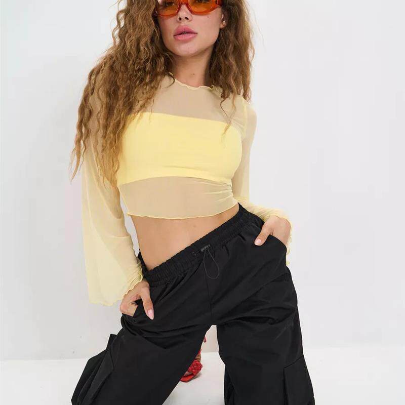 亚马逊新款热销女装网纱长袖打底内搭上衣 短款露脐网眼透视T恤女