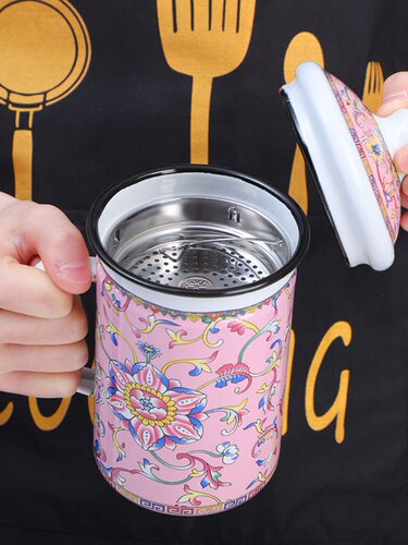 加厚搪瓷带盖304茶漏复古大容量茶水杯办公室马克杯电磁炉可加热 - 图1