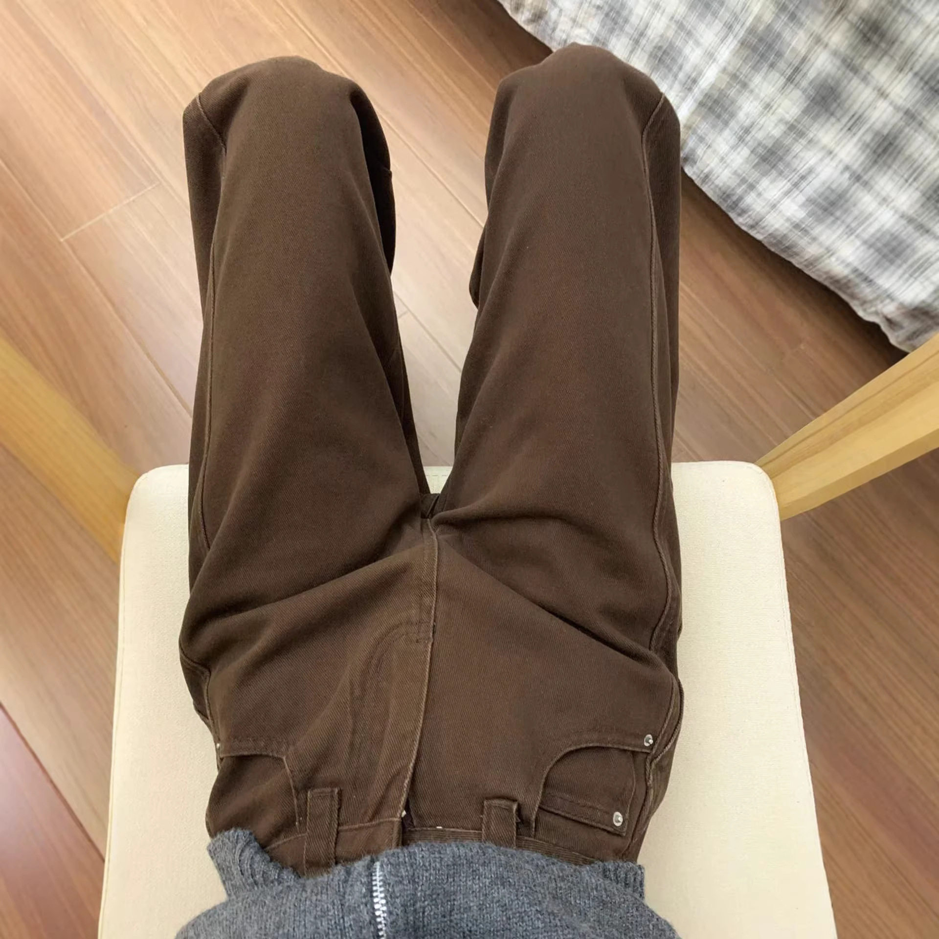 咖色裤子女春秋季大码显瘦牛仔裤梨型身材弯刀裤美拉德棕色阔腿裤,淘宝优惠券,粉丝福利购,淘宝优惠卷