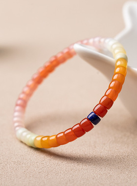 天然绯红盐源玛瑙缅黄玉彩虹渐变多宝精工直切药片桶珠手串男女款