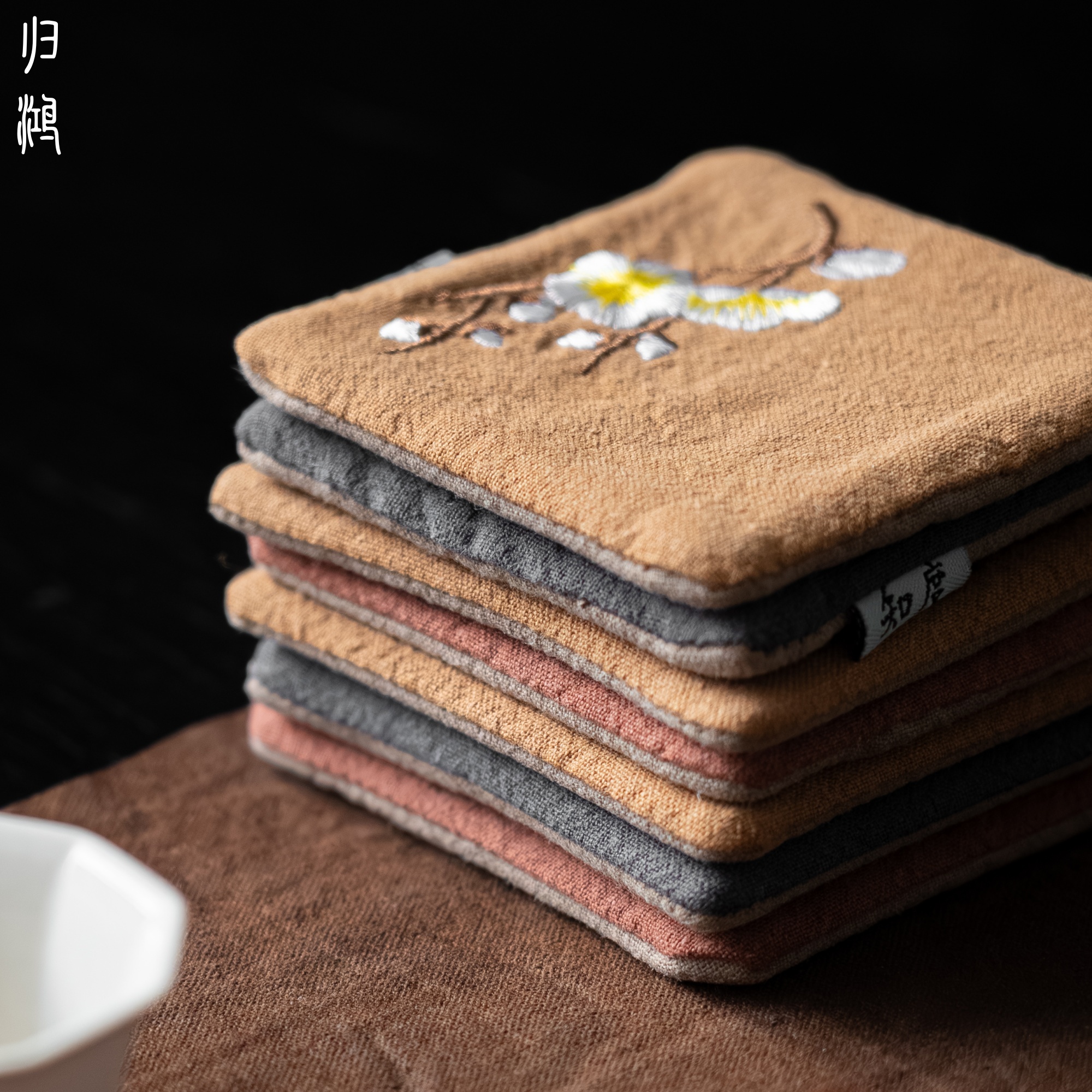 归鸿 棉麻茶杯垫手工编织刺绣简约养壶巾中式吸水杯垫隔热垫茶托 - 图0