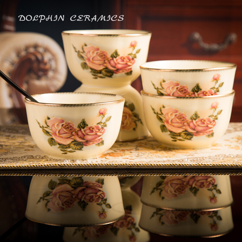 韩式女皇金玫瑰陶瓷碗单只吃饭碗单个加厚饭碗汤碗餐具耐高温精致 - 图2