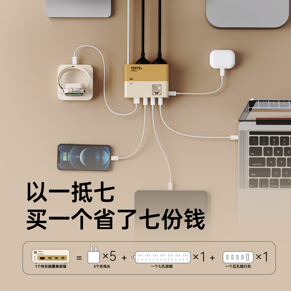 TESTVx制糖工厂120W小电拼快乐能量集装箱iPhone15安卓手机平板笔记本适用桌面多口氮化镓快充充电器旅行家用