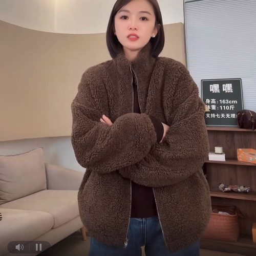 颗粒绒外套女冬季爆款2025新款韩版宽松显瘦毛毛夹克加绒气质上衣 - 图0