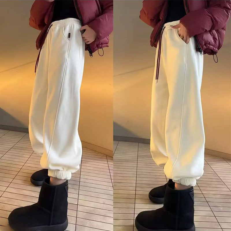 加绒加厚束脚休闲卫裤女冬季2025新款百搭保暖宽松松紧腰弯刀裤子,淘宝优惠券,粉丝福利购,淘宝优惠卷