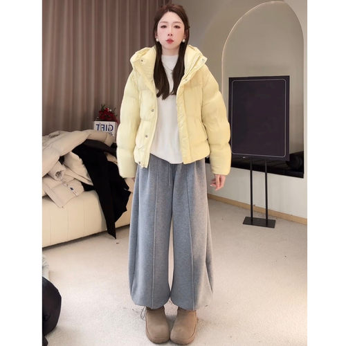 加绒阔腿卫裤女冬季韩版减龄2025新款高腰加厚休闲裤显瘦直筒裤子 - 图0