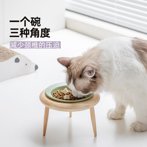 陶瓷草帽飞碟猫咪碗斜口双碗狗粮碗水碗高脚食碗盆护颈椎宠物用品 - 图1