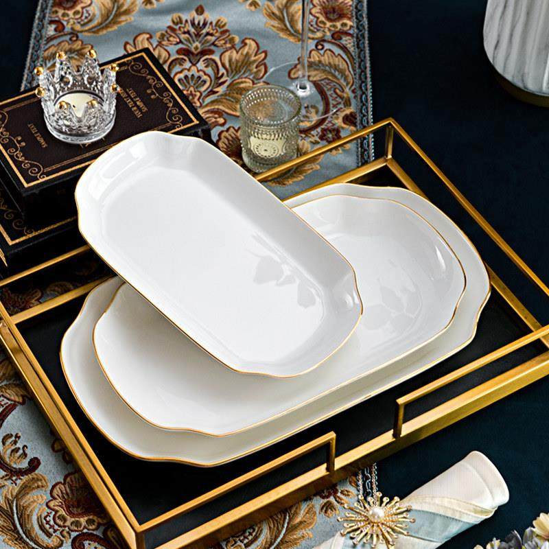 唐山金边餐具12英寸深盘子凉菜盘子长方形装鱼盘子家用白色大盘子,淘宝优惠券,粉丝福利购,淘宝优惠卷