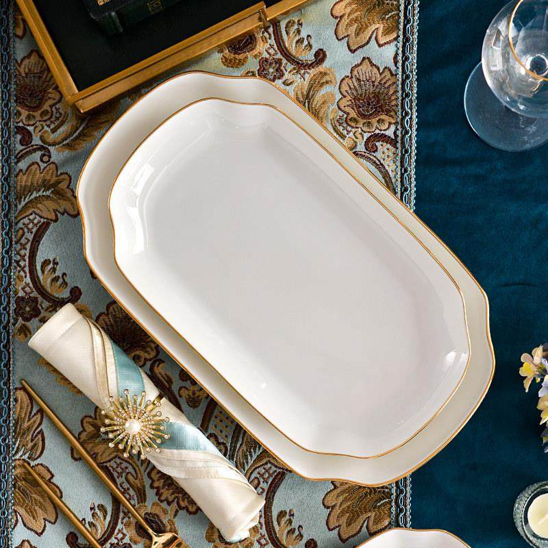 唐山金边餐具12英寸深盘子凉菜盘子长方形装鱼盘子家用白色大盘子,淘宝优惠券,粉丝福利购,淘宝优惠卷