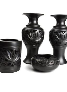 邯郸特产纯手工陶瓷陶器工艺品家居装饰品摆件实用黑陶四件套套装