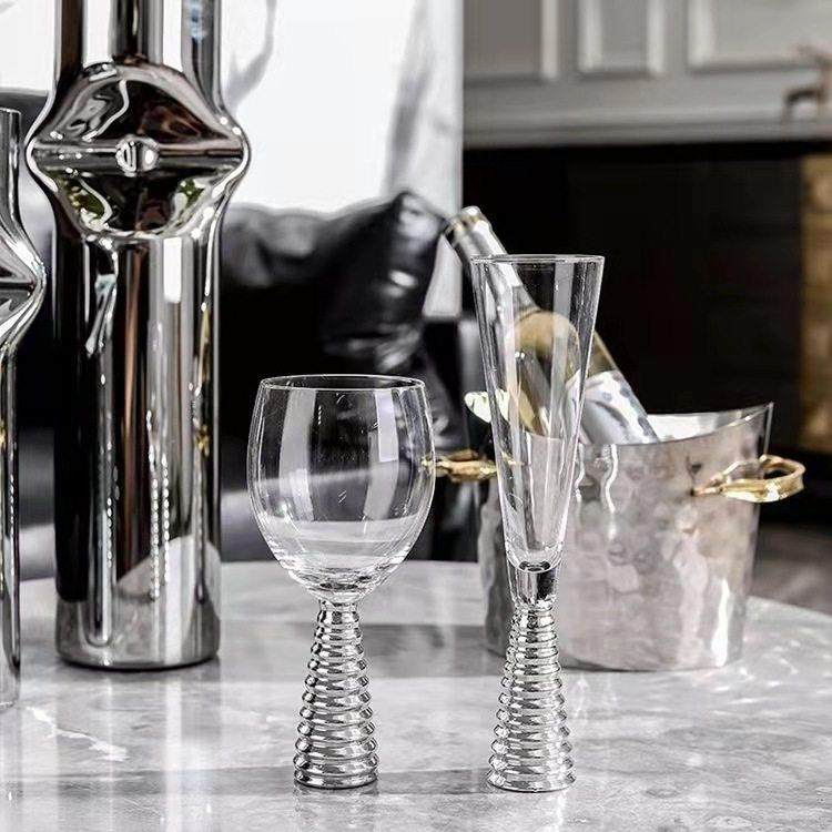 轻奢电镀螺纹红酒杯金银黑彩色玻璃高脚香槟杯样板间展厅宴会装饰,淘宝优惠券,粉丝福利购,淘宝优惠卷