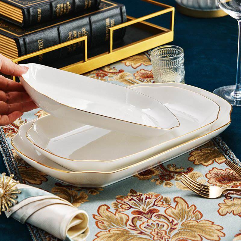 唐山金边餐具12英寸深盘子凉菜盘子长方形装鱼盘子家用白色大盘子,淘宝优惠券,粉丝福利购,淘宝优惠卷