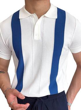 2024欧美男士夏季短袖针织衫白色条纹修身POLO衫潮Men's T-sh