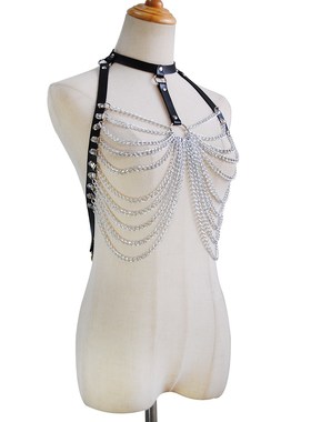 新款欧美沙滩时尚pu胸链比基尼 性感多层金属身体链配饰个性女潮