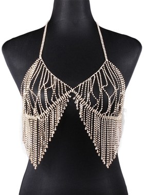欧美爆款饰品 性感镶钻流苏满钻链条比基尼胸链 身体衣饰链