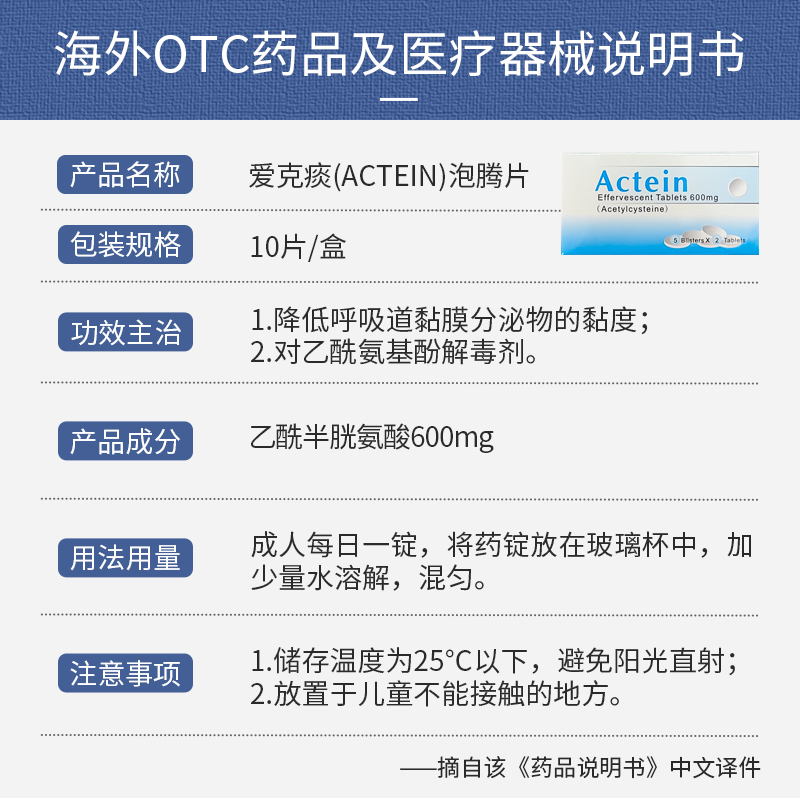 Actein爱克痰泡腾片10片清肺润喉乙酰半胱氨酸片粘膜分泌感冒药片 - 图3