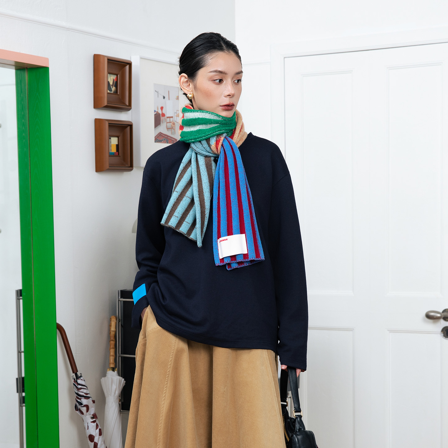 ALL BEINGS 2025AW秋冬围巾彩色拼接条纹柔软保暖羊毛针织围脖女 - 图0