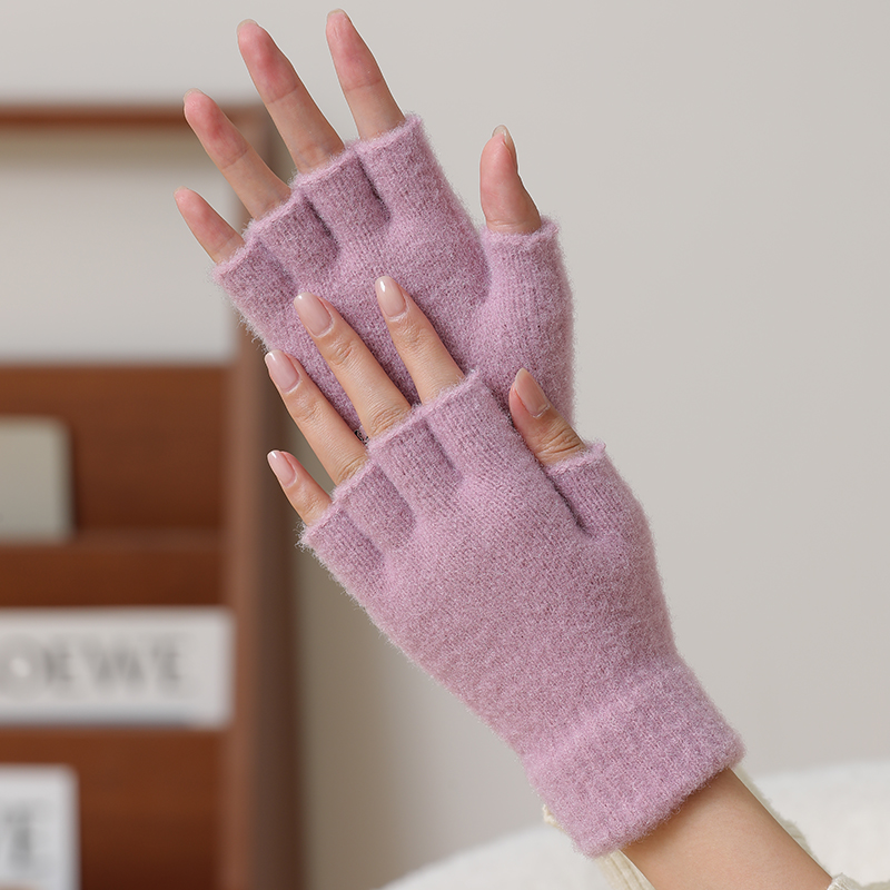 半指手套针织毛线保暖秋冬季学生写字成人工作男女同款露五指黑色 - 图0