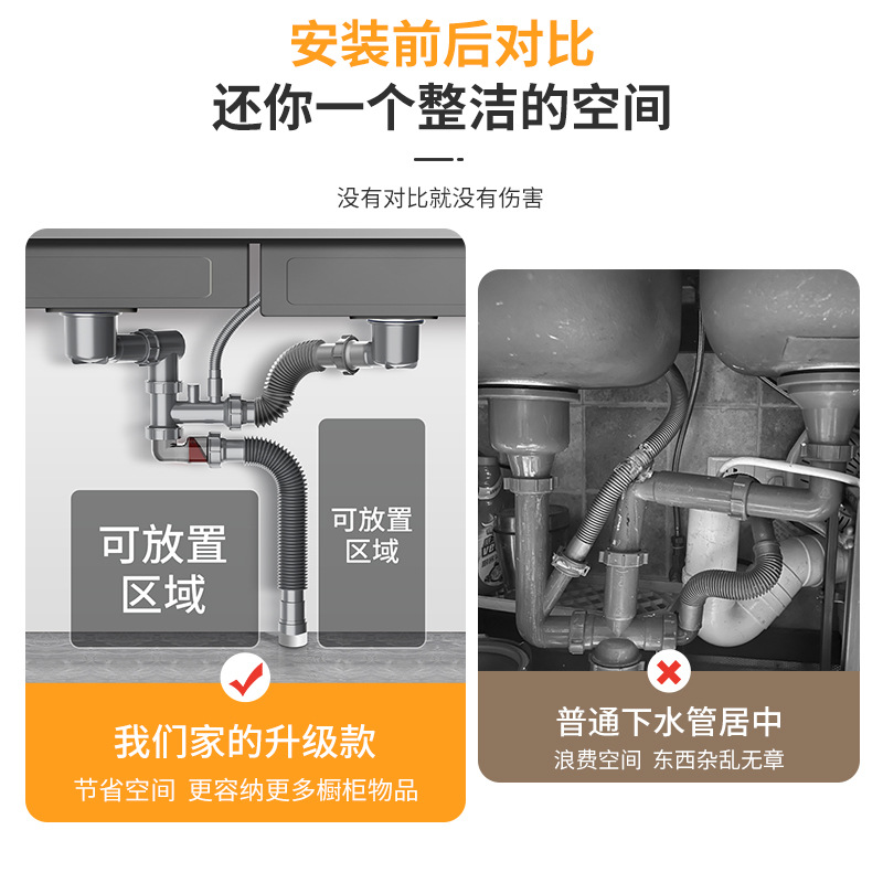 洗菜盆下水器后置双槽下水带阀芯一体防串味洗手盆防臭下水管 - 图1
