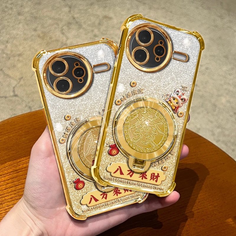 马年八方来财适用红米k80手机壳新款高级感金色电镀四角防摔k50防摔气囊發字旋转解压陀螺支架k90手机套女款 - 图3