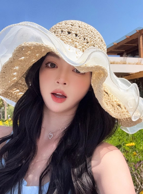 帽子女款2025新款蕾丝草编太阳帽夏季沙滩度假大帽檐透气防晒草帽