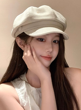 八角贝雷帽子女2025新薄款春夏季大头围白色百搭显脸小报童画家帽