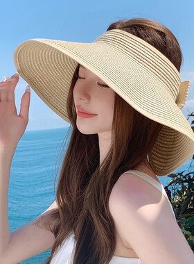 夏季2025新款帽子女编织空顶草帽海边沙滩帽防晒遮阳渔夫帽太阳帽