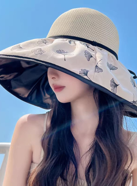 夏季蝴蝶结渔夫帽子女款2025新款韩版户外黑胶遮阳防晒百搭太阳帽