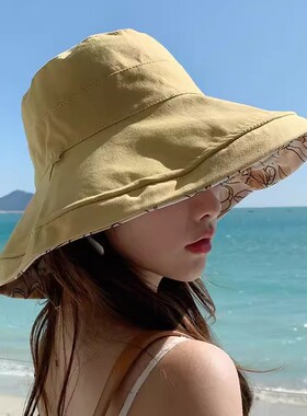 帽子遮脸渔夫帽女可折叠遮阳帽夏季时尚太阳帽双面防紫外线防晒帽