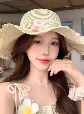 花朵蕾丝草帽女夏季海边沙滩度假拍照遮阳防晒大帽檐草编太阳帽子