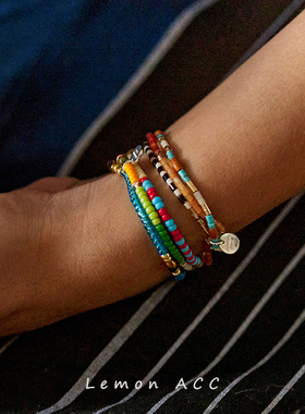 复古叠戴彩色油画串珠小圆牌手链