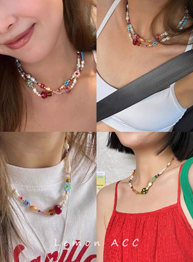 多巴胺彩色珐琅水晶波点蘑菇项链